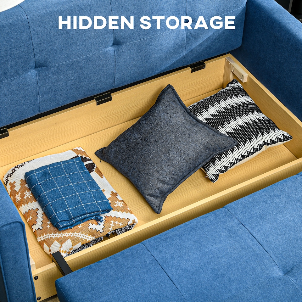 image 1 of HOMCOM 2 Seater Sofa Bed with Hidden Storage, Pull Out Convertible Bed Settee, Modern Snow Flannel Loveseat Sofa Sleeper with 2 Cushions for Living Room, Guest Room, Deep Blue