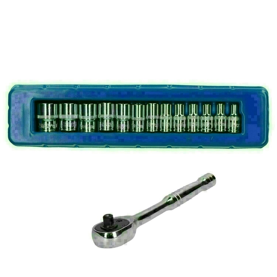 image 1 of 1/4" Drive Metric MM Shallow Single Hex Sockets 4mm - 14mm + Ratchet 14pc