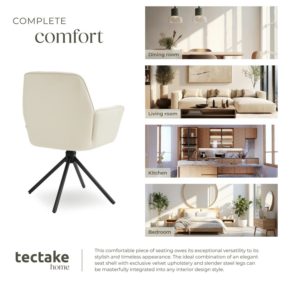 image 1 of Swivel Chair Lenia - upholstered, padded, 56.5 x 54 x 86 cm - Set of 2 Cream | Velvet Cream/Black