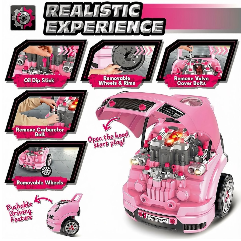 image 1 of Kids Mechanic Truck Disassembly Play Set - Realistic Build and Repair Toy Truck with Remote Key, Tools, Sound & Light Functions, Removable Engine and Push to Drive Feature (Pink), Educational Role Play Gift for Ages 3 plus