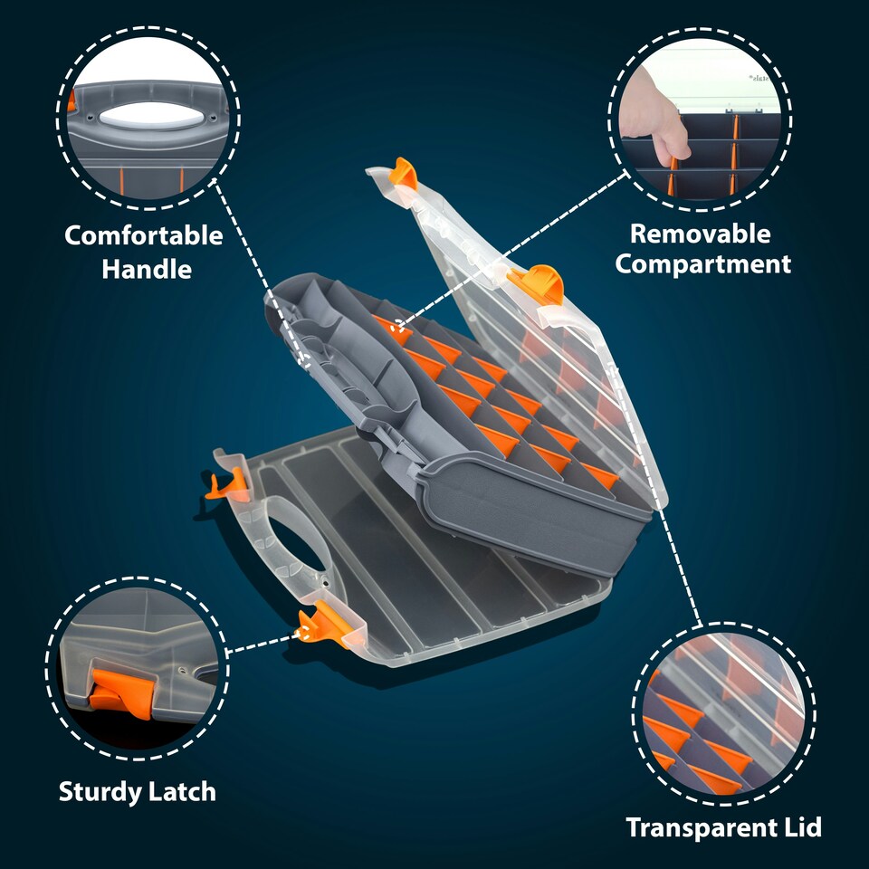 image 1 of 32 Compartment Double Sided Storage Box Tool Organiser Carry Case for Screws & Small Parts | Grey