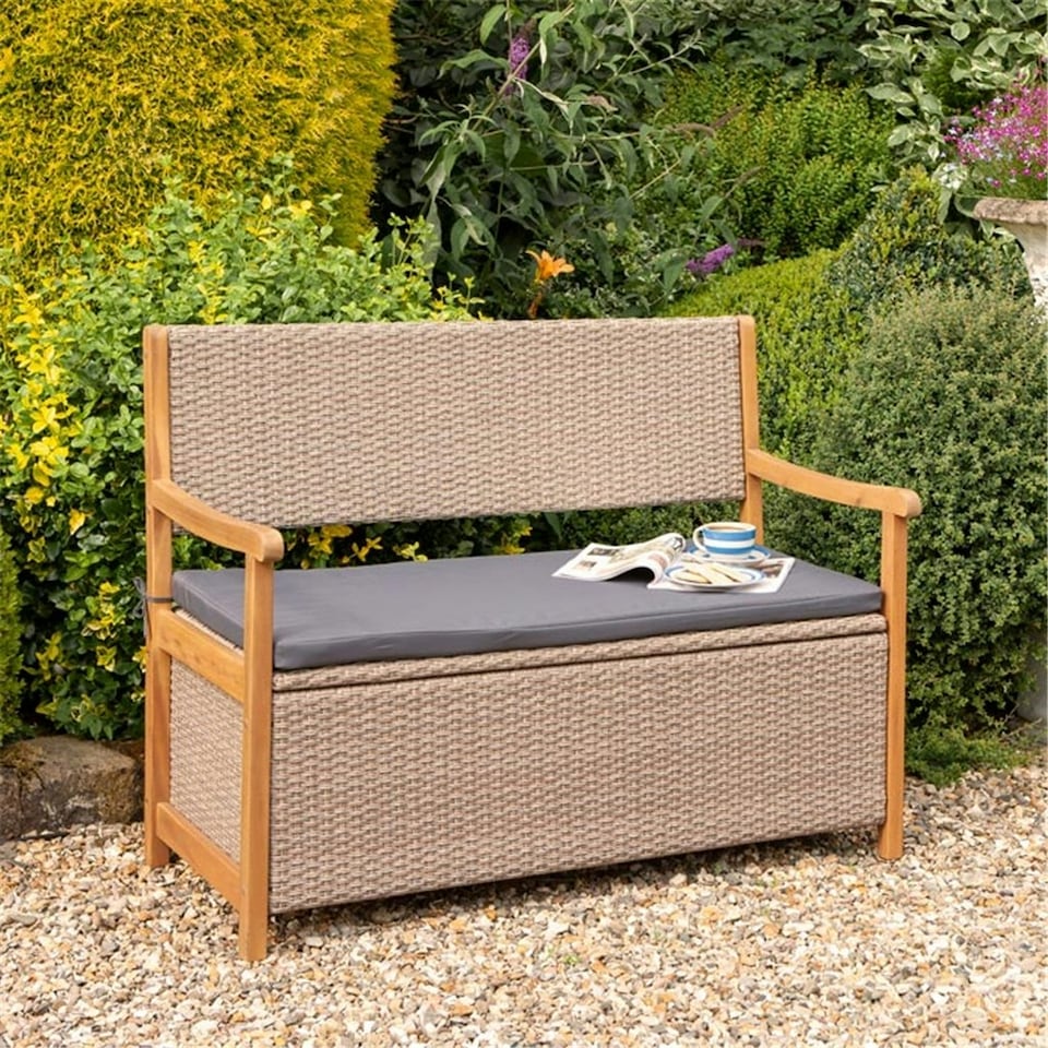 image 1 of 2 Seater Hardwood Timber Framed Rattan Weave Bench (4ft x 2ft)