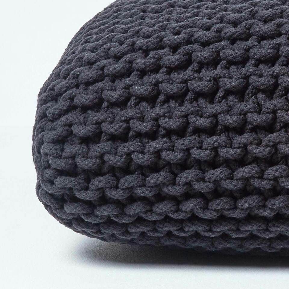 image 1 of Homescapes Black Square Cotton Knitted Pouffe Floor Cushion | Black | 70 x 20 cm