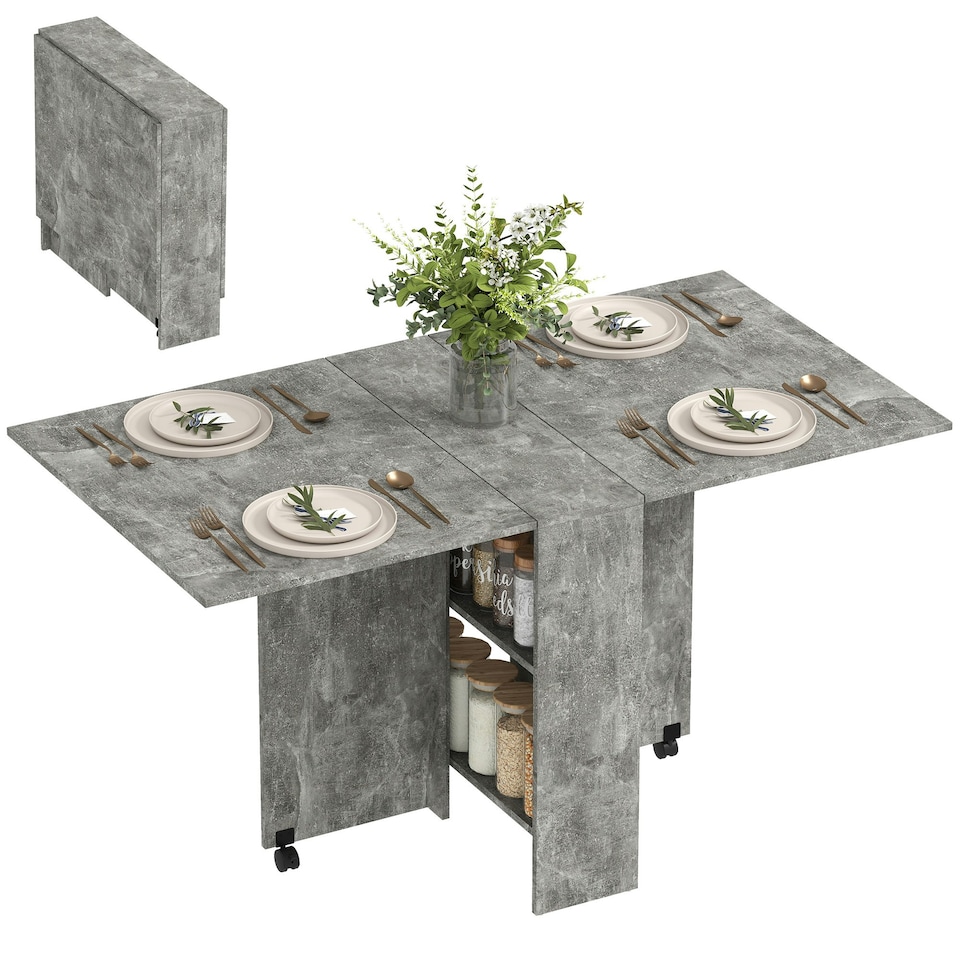 image 1 of HOMCOM Mobile Drop Leaf Dining Table Folding Desk w/ 2 Wheels Cement Grey