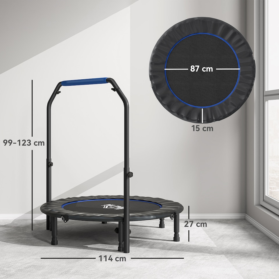 image 1 of HOMCOM 45" Foldable Mini Trampoline Fitness Trampoline Rebounder for Adults with Adjustable Foam Handle, for Indoors, Outdoors, Cardio Training, Blue | Blue