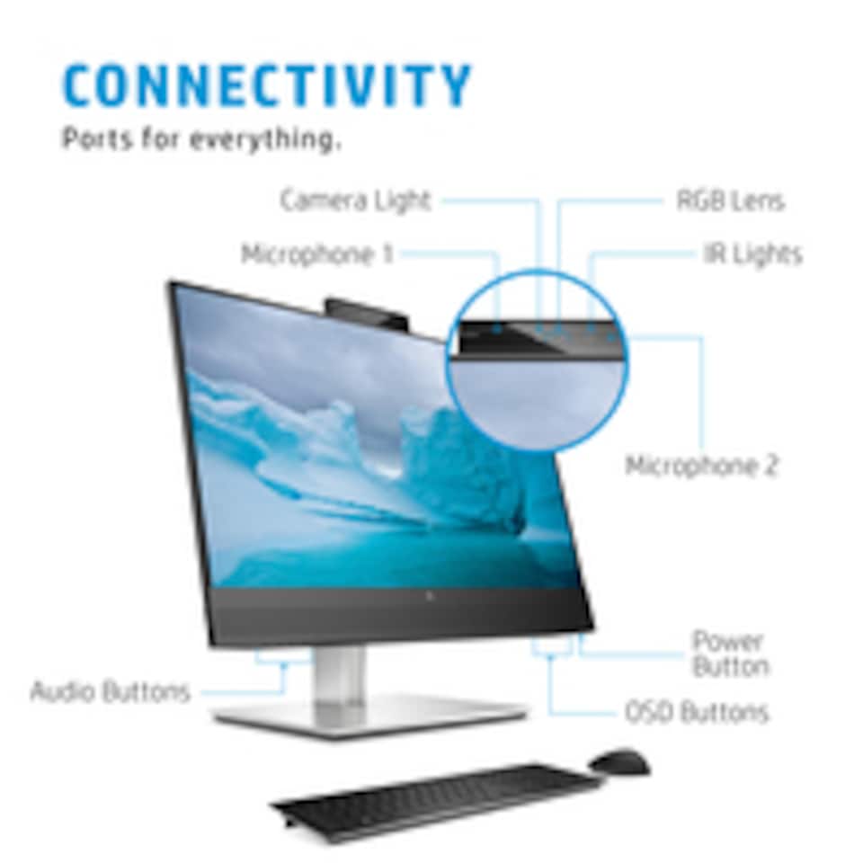 image 1 of HP E24mv G4 FHD Conferencing Monitor, 60.5 cm (23.8"), 1920 x 1080 pixels, Full HD, LCD, 5 ms, Black, Silver | Black | Black, Silver | 52.7 cm