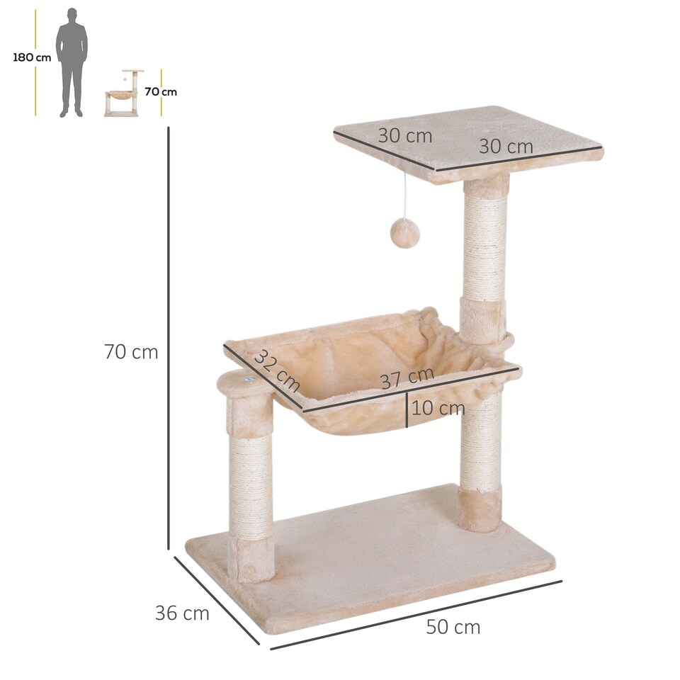 image 1 of PawHut Cat Tree Scratch Post with Bed Hammock Sisal for Indoor Cats