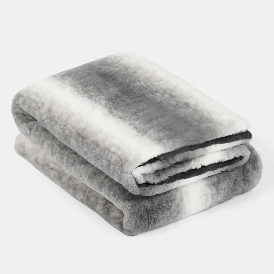 image 1 of OHS Faux Fur Striped Patterned Blanket Throw, 125x150cm - Grey