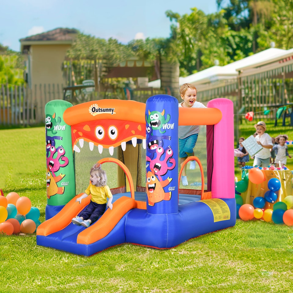 image 1 of Outsunny Bouncy Castle with Slide Basket Trampoline Monster Design