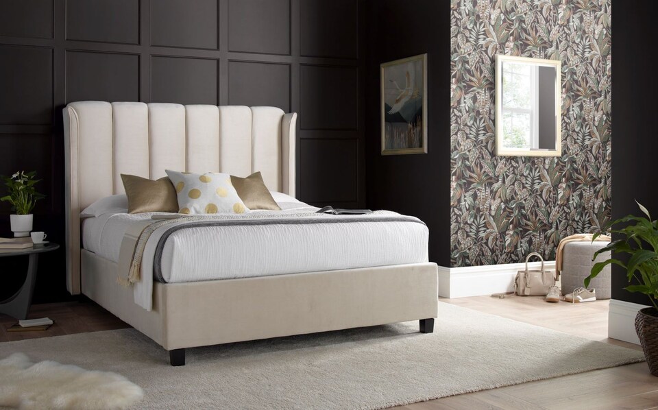 image 1 of 5ft King Size Ottoman,Velvet fabric upholstered,lift up,storage,tall winged bed frame. Gas lift up, Boutique Hotel style, tall headend board, wing back