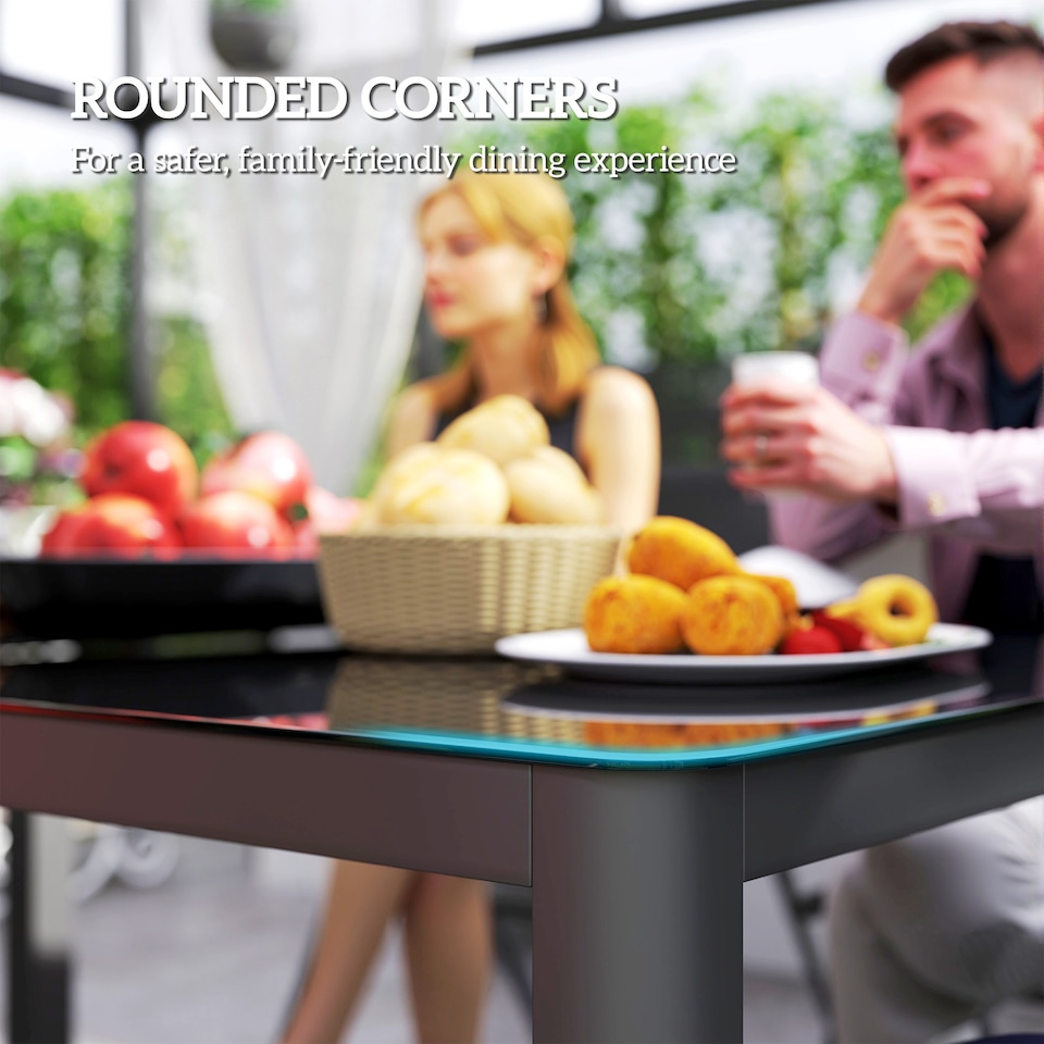 image 1 of Outsunny Outdoor Dining Table for 6 People, 150 x 88 cm Rectangular Garden Table with Aluminium Frame, Tempered Glass Top and Height Adjustable Feet for Balcony, Porch, Terrace, Grey