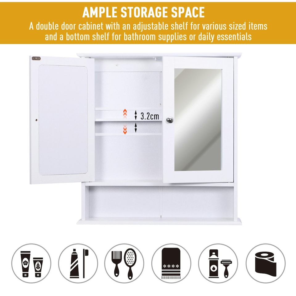 image 1 of kleankin Wall-mounted Cabinet Mirror Door Bathroom Organiser Living Room White