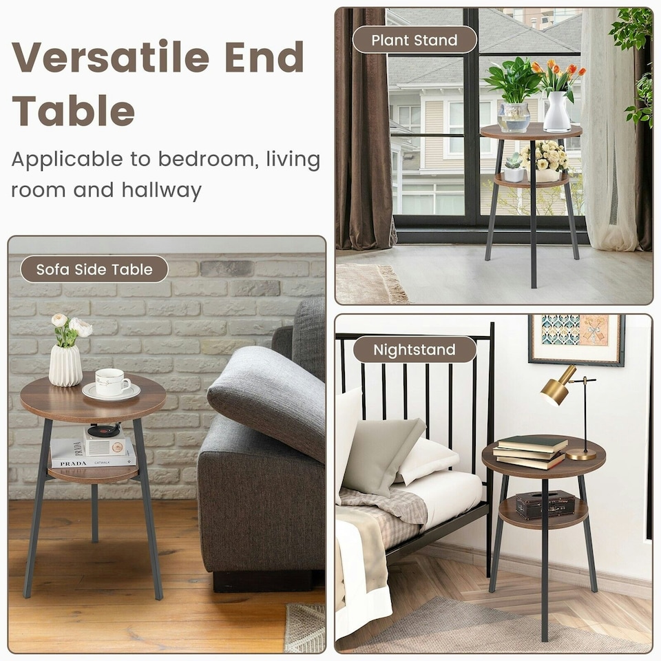image 1 of COSTWAY Round Side Table Wooden 2-Tier Sofa End Table Brown