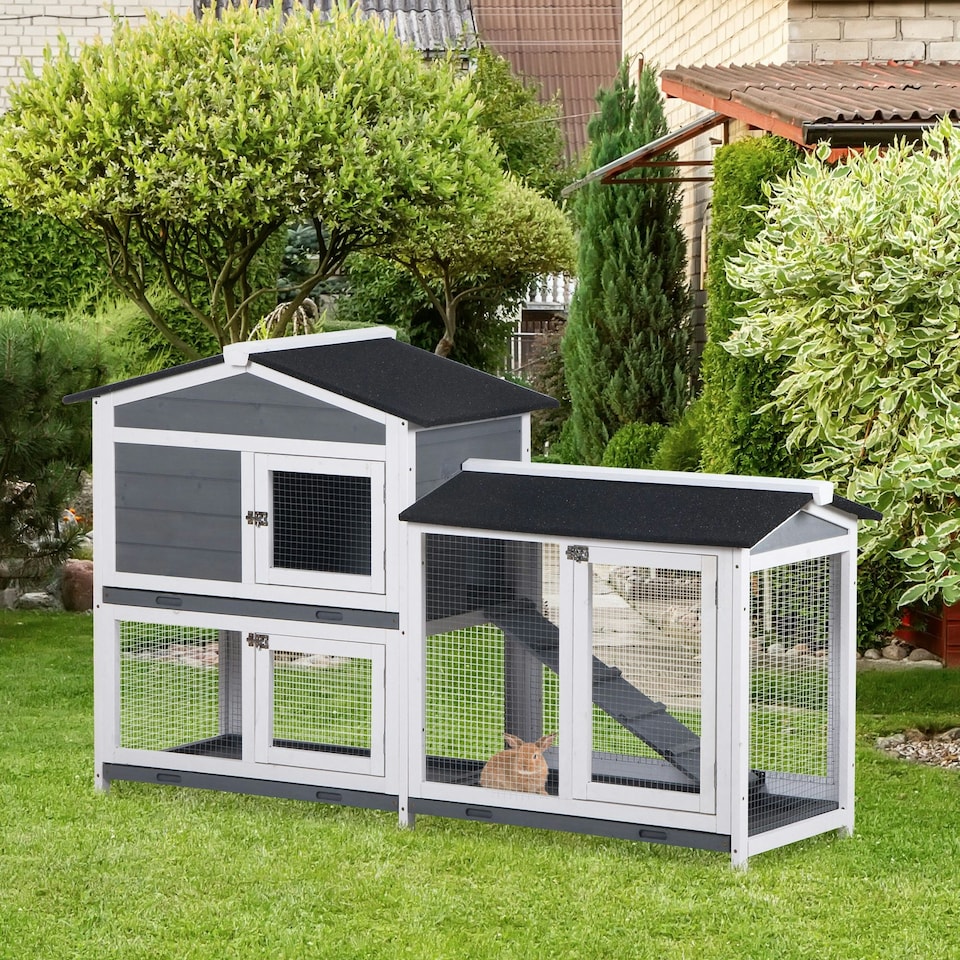 image 1 of PawHut 2-Tier Wooden Rabbit Hutch Guinea Pig House Pet Cage Outdoor w/ Tray Ramp
