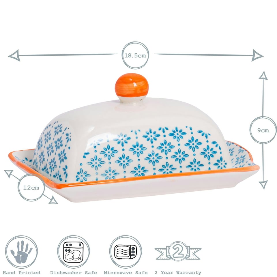 image 1 of Nicola Spring Hand-Printed Butter Dish - 18.5 x 12cm - Blue Multi
