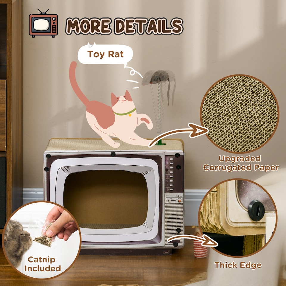 image 1 of PawHut TV-Shaped Cat House, Cardboard with Scratcher Catnip Toy Mouse