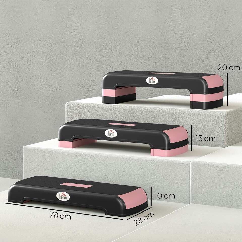 image 1 of HOMCOM Aerobic Step Three-Level Adjustable Exercise Stepper, Black and Pink