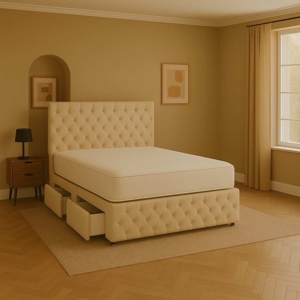 Cream Chestefield Crystal Plush 4ft Small Double Divan Bed Set Headboard & Footboard - 2 Drawers Right Side Laying in Bed