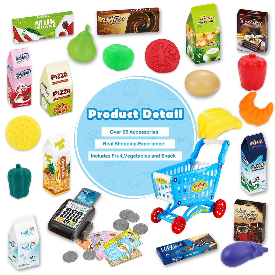 image 1 of Shopping Cart Trolley Play Set for Children – Includes 78 Grocery Food, Fruit, and Vegetable Accessories (Blue)