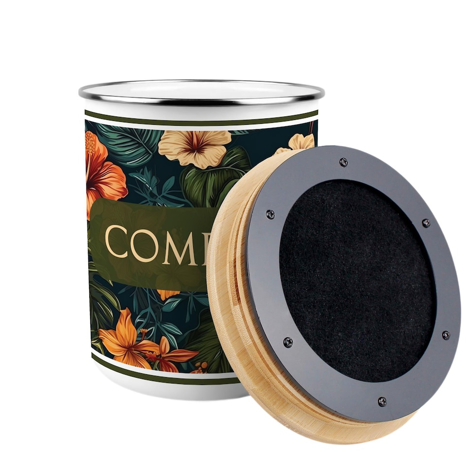 image 1 of Dark Hibiscus Compost Caddy - Metal 2L Decorative Kitchen Food Waste Bin