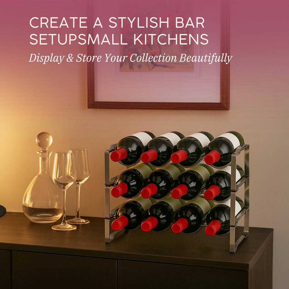 image 1 of Straame Silver 3 Tier Metal Wine Rack – Stackable Bottle Rack for Wine Storage