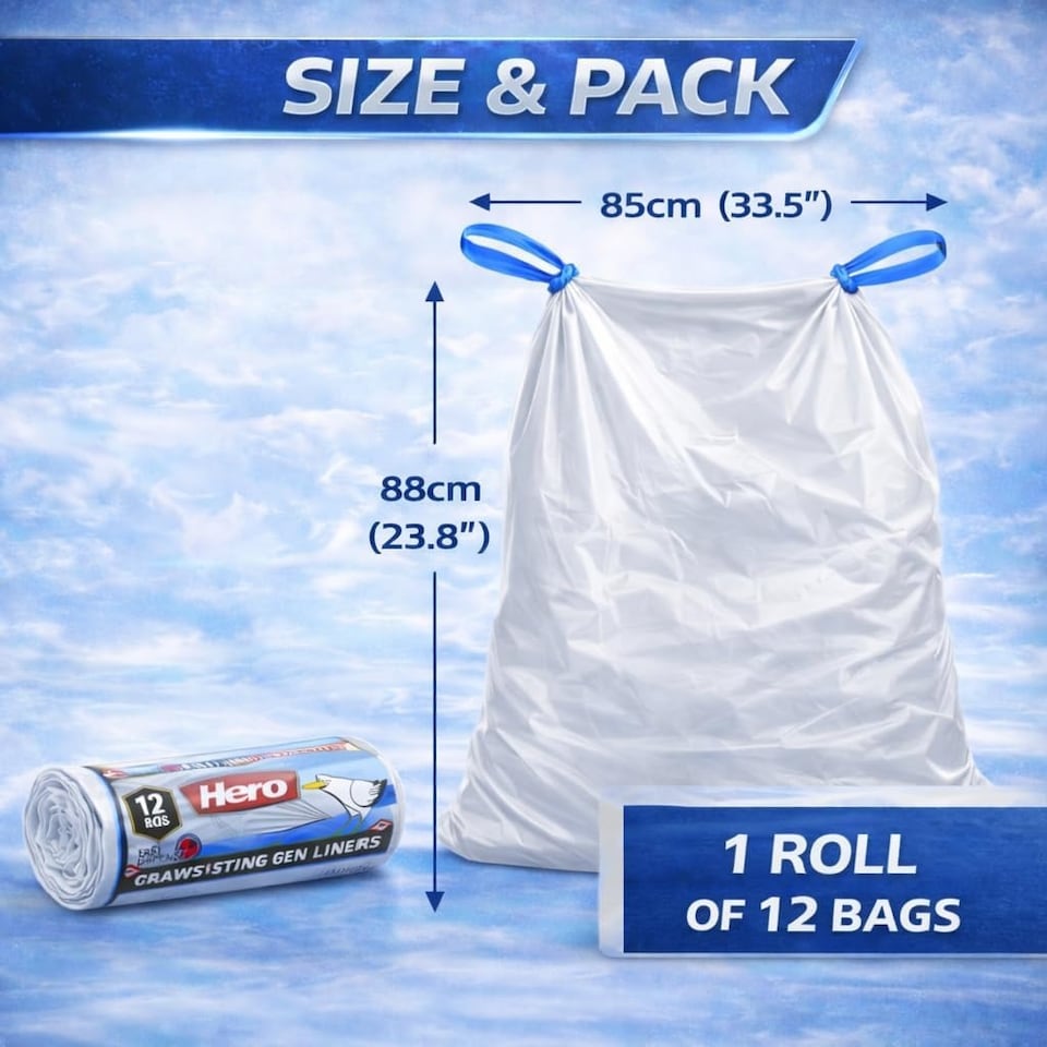 image 1 of Hero Swing Bin Bag Liners – 12 White Drawstring Refuse Sacks | Embossed Stretchable Strong Bin Bags 50–60L for Bathroom, Bedroom & Kitchen Bins