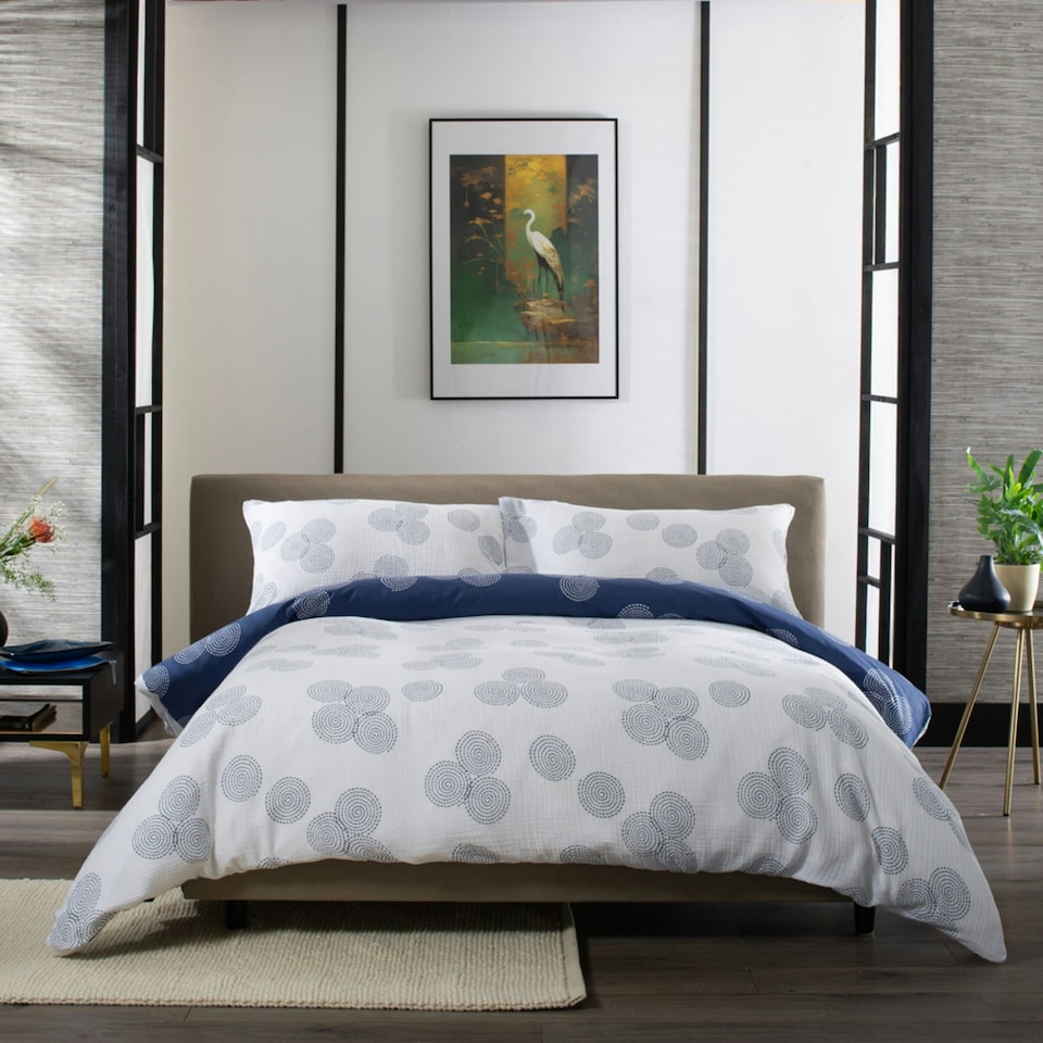 image 1 of Hyogo Japanese-Inspired Luxury Double Gauze Cotton Duvet Cover Set Blue | White | Single