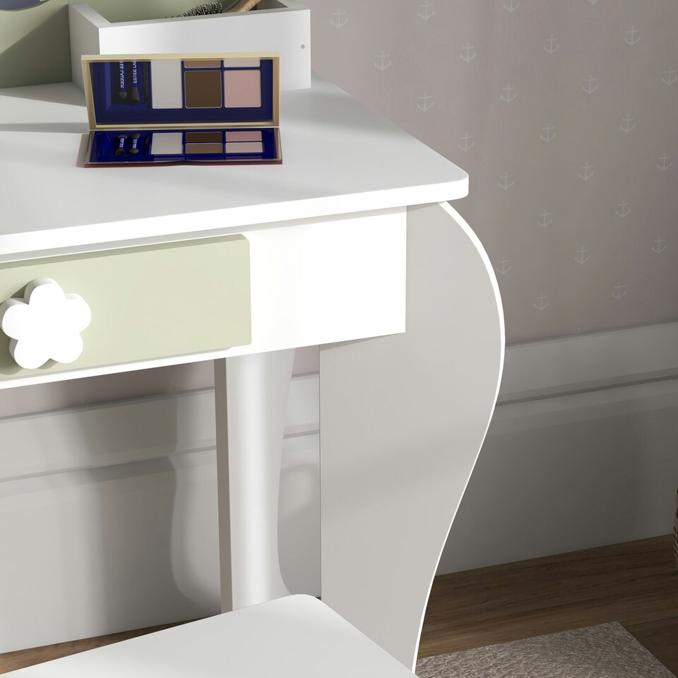 image 1 of ZONEKIZ Kids Vanity Table Set, Beauty Flower Design, for Ages 3-6 Years - White White