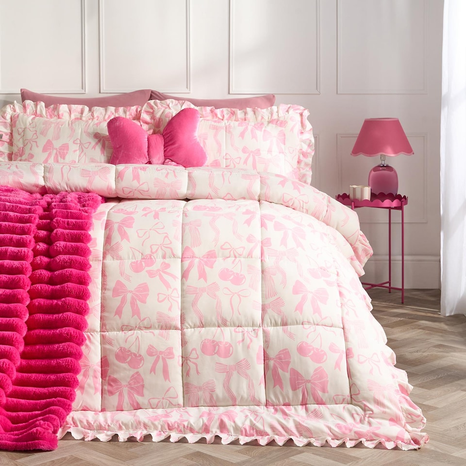 image 1 of OHS Bows Frill Edge Coverless 7.5 Tog Duvet Set with Pillowcase | Pink | King