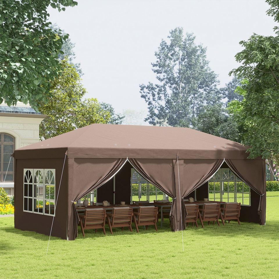 image 1 of Outsunny 3 x 6 m Garden Pop Up Gazebo, Wedding Party Tent Marquee, Water Resistant Awning Canopy with Sidewalls, Windows, Carry Bag, Brown