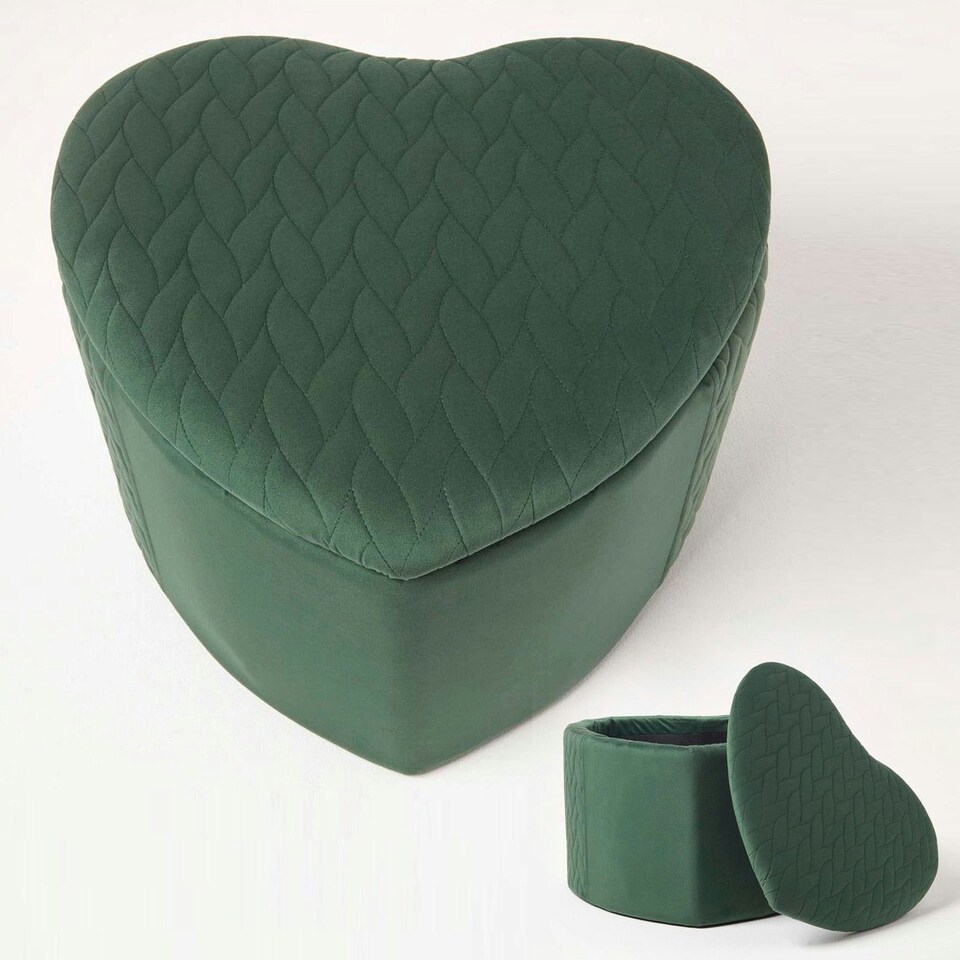 image 1 of Homescapes Arundel Heart-Shaped Velvet Footstool with Storage, Emerald