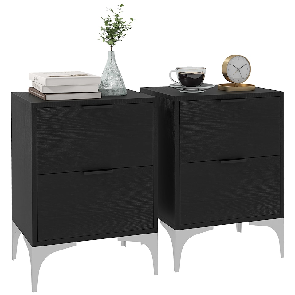 image 1 of HOMCOM Bedside Tables Set of 2, Modern Nightstand with 2 Drawers, Small Sofa End Tables with Storage and Steel Legs for Bedroom, Living Room, Black