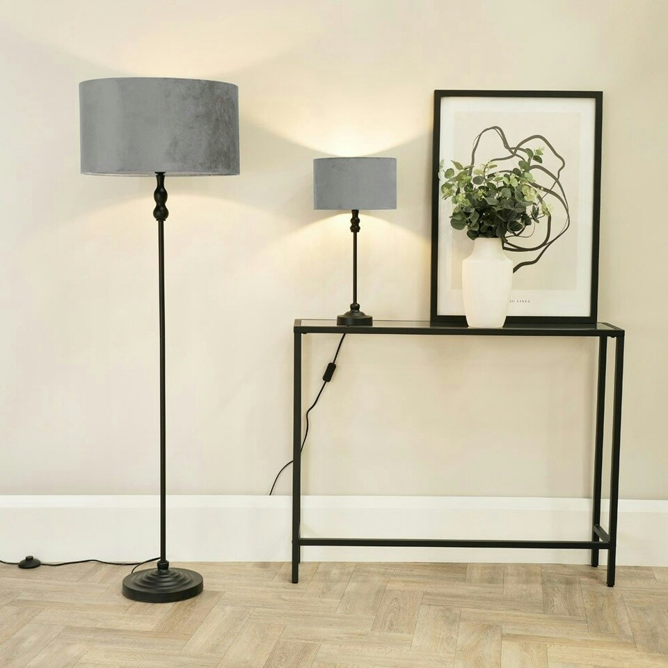 image 1 of ValueLights Maggie Black Metal Candlestick Floor Lamp with Grey Velvet Lamp Shade and LED Bulb