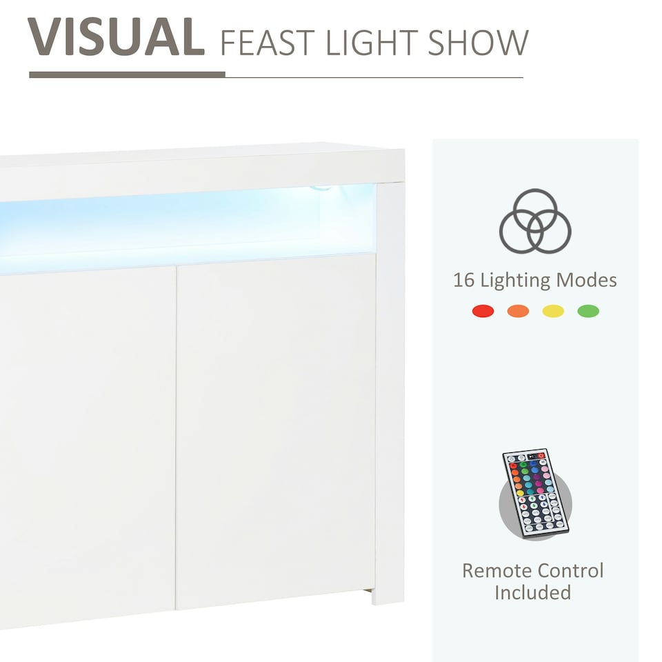 image 1 of HOMCOM Modern High Gloss RGB LED Cabinet Cupboard Sideboard Console White