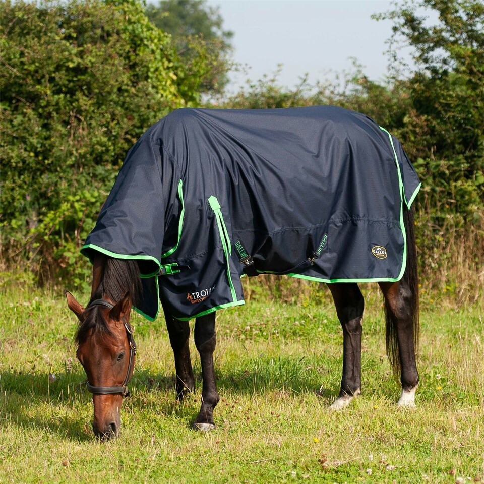 image 1 of Gallop Equestrian Trojan Lite Weight Combo Turnout Green | Size: 5ft 6
Colour: Navy/Green