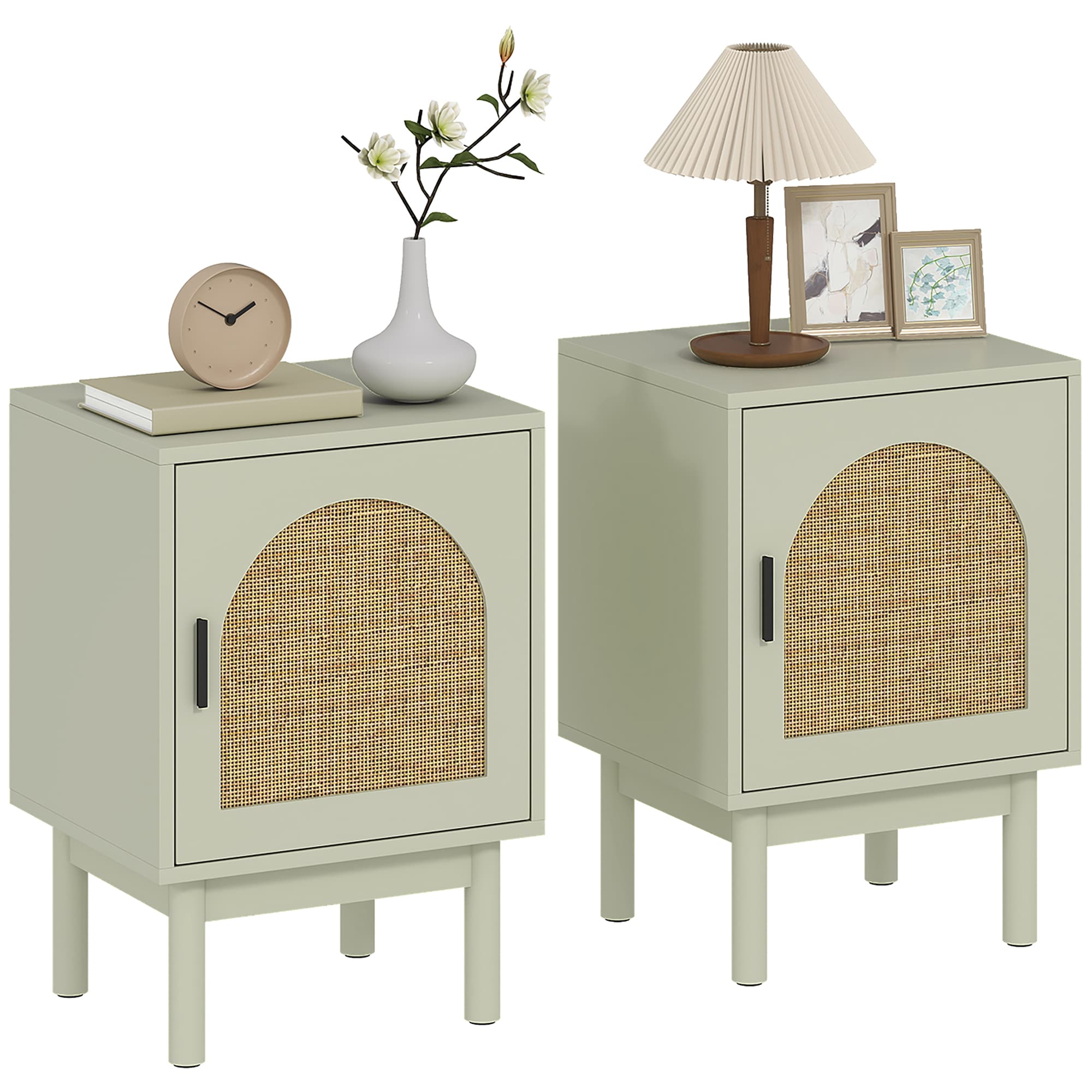 HOMCOM 2-Piece Rattan Bedside Table Set, Boho Cabinet, Light Green, Green