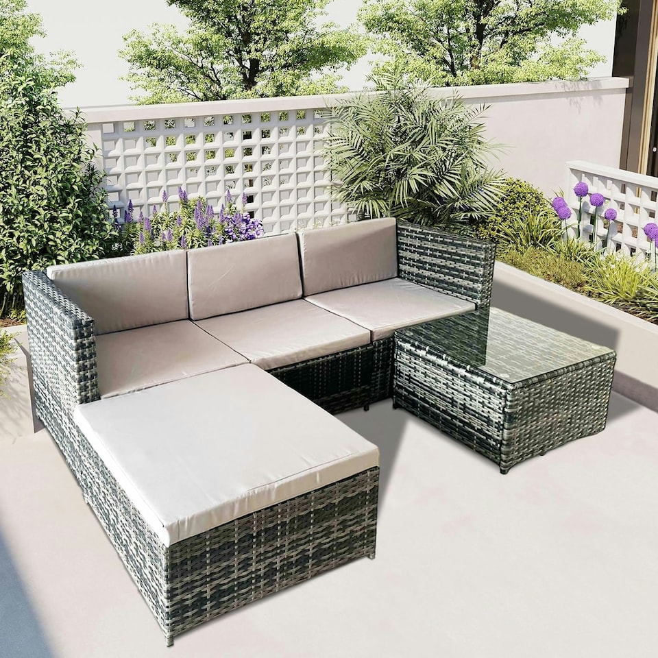 image 1 of Alivio 3 Seater Rattan Corner Sofa Set, 3 Piece PE Rattan Garden Furniture Set with Coffee Table Grey