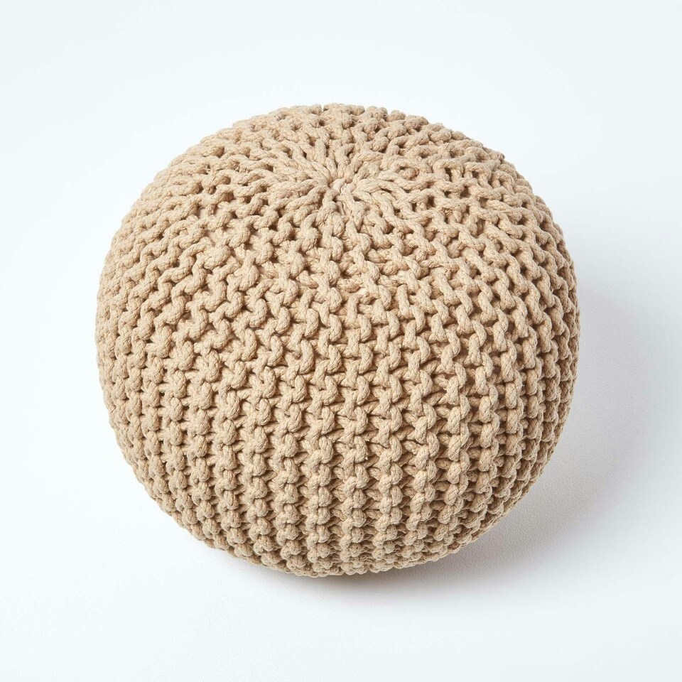 image 1 of Homescapes Linen Round Cotton Knitted Pouffe Footstool - 35 x 40 cm