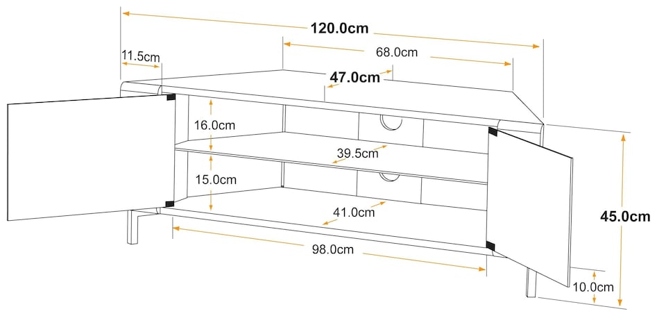 image 1 of MDA Designs CORVUS Corner-Friendly Gloss Black Contemporary Cabinet with BeamThru Glass Doors Modern Space-Saving Stand for Flat Screen TVs up to 50 Inch | Black | 1