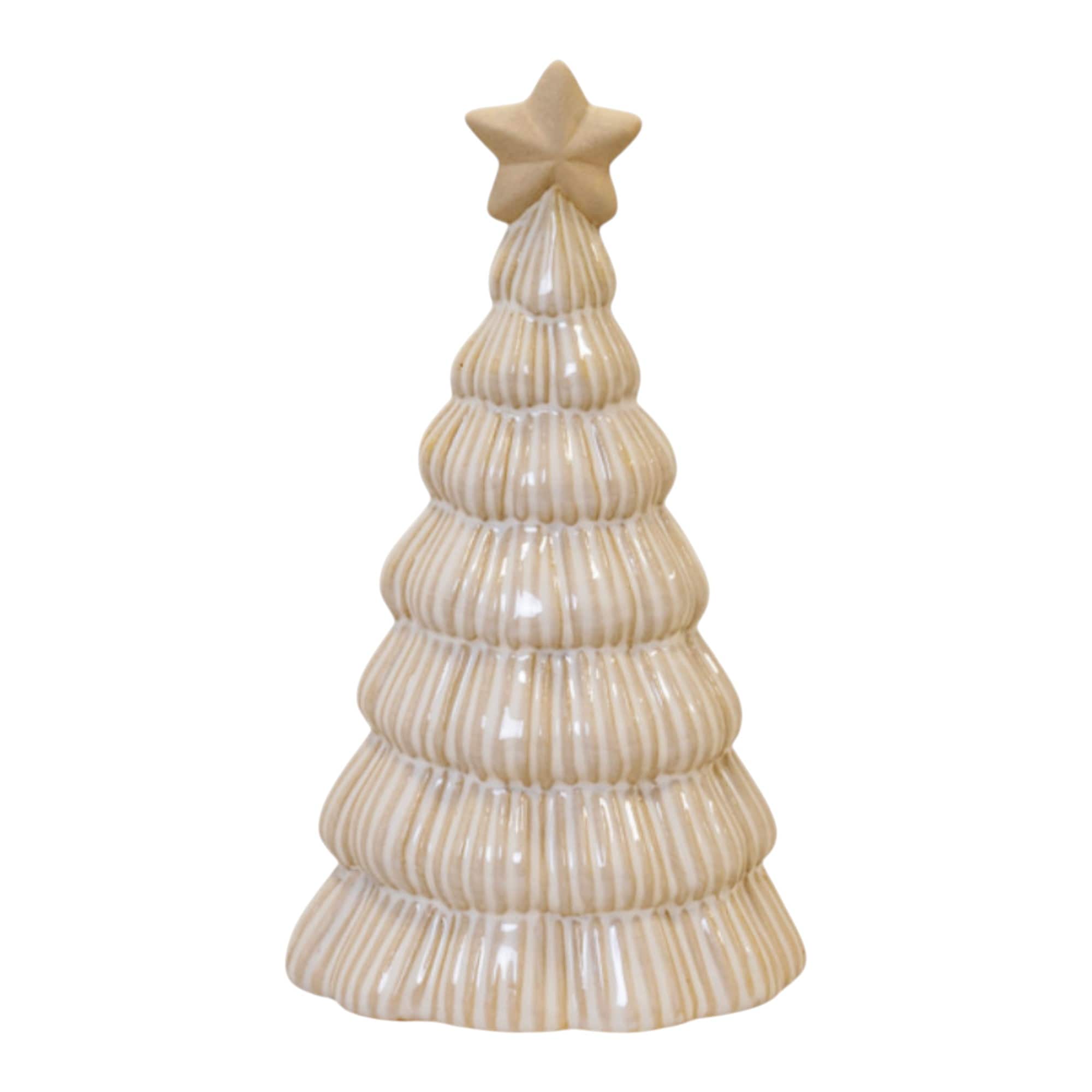Four Candle Large Stone Glazed Ribbed Ceramic Christmas Tree with Star Topper 21cm in Off-White