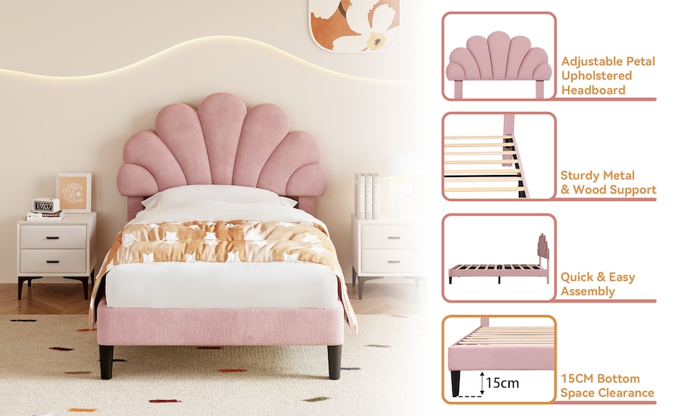 image 1 of Abrihome 3FT Single Upholstered Bed Frame with Adjustable Petal Headboard, Velvet, Solid Wood Slats, Pink, No Box Spring Needed