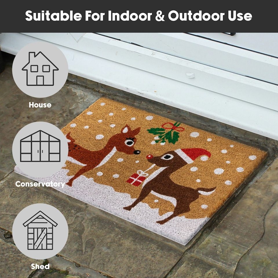 image 1 of JVL Festive Christmas Coir Doormat with Latex Back 40x58cm, Reindeers