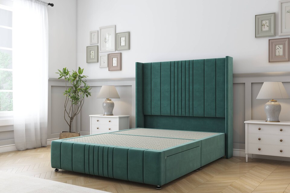 image 1 of Sloomy Hargrave Emerald Plush Divan Bed Base 2 Drawers Foot-End With 54 Inch Wingback Headboard & 12 Inch Matching Footboard | Green | Emerald | Double | 1