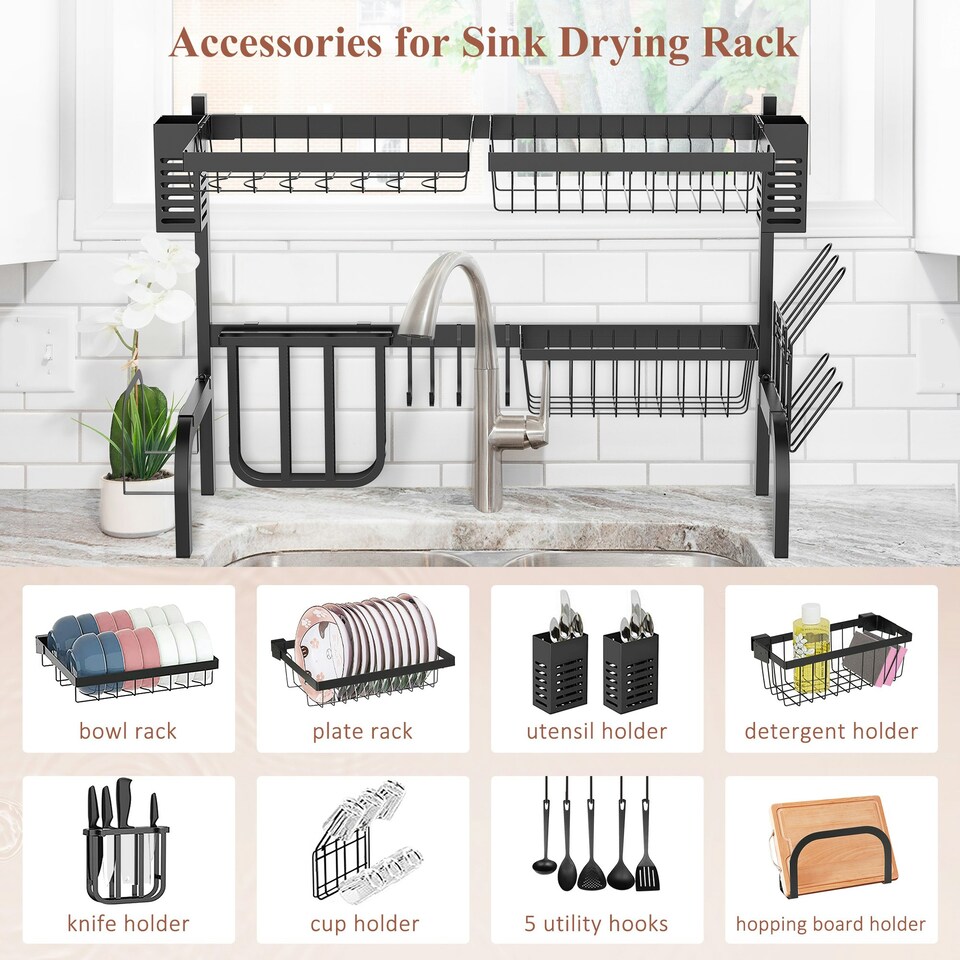 image 1 of HOMCOM 2 Tier Dish Rack, Over The Sink Dish Drainer Rack for Kitchen, Black