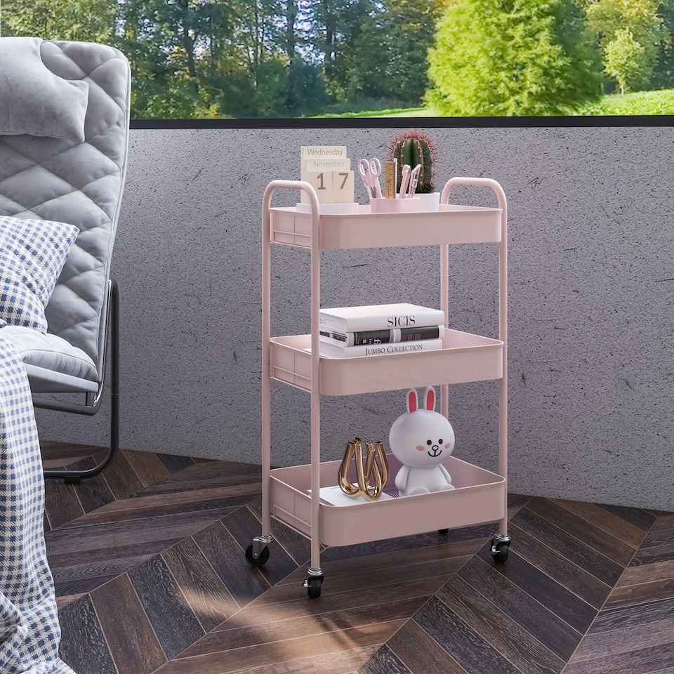 image 1 of HOMCOM 3-tier Storage Trolley on Wheels, Metal Storage Cart, Rolling Ultility Cart with 3 Mesh Baskets for Living Room, Kitchen, Pink