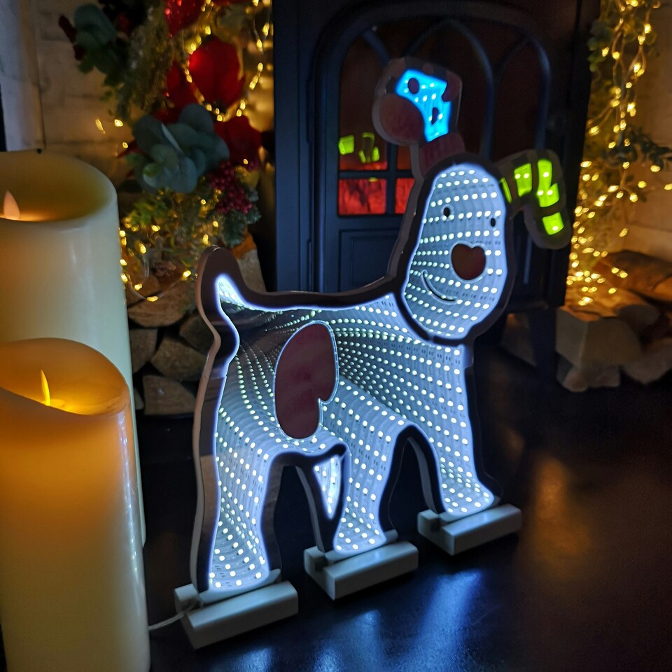 image 1 of 40cm LED Infinity Snowdog Christmas Decoration with Wooden Base