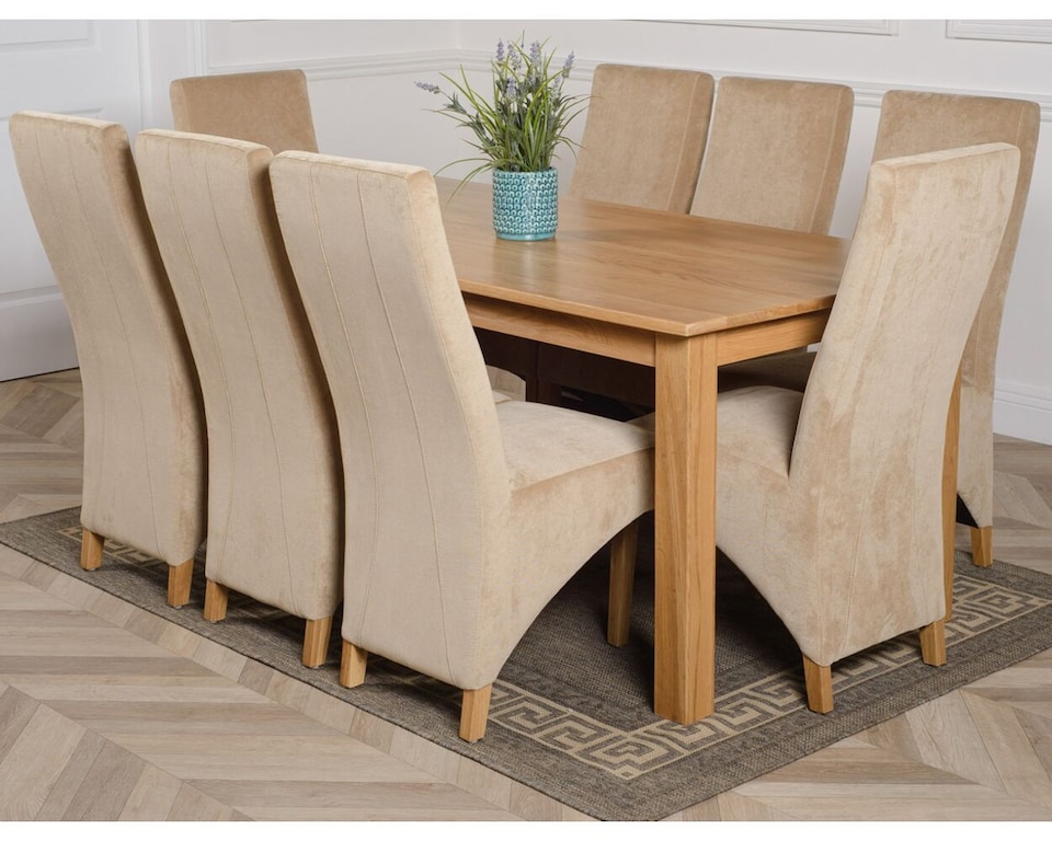 image 1 of Oslo 180 x 90 cm Large Oak Dining Table and 8 Lola Fabric Chairs | Brown | Beige