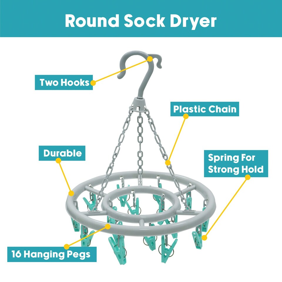 image 1 of JVL Round Sock Dryer Complete 16-Piece Clothes Pegs - One Size