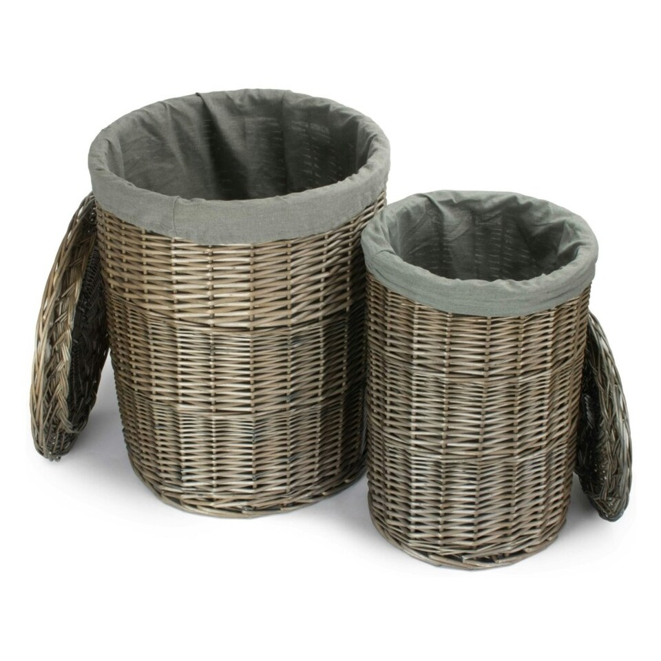 image 1 of Set of 2 Antique Wash Round Laundry Basket with Grey Sage Lining Grey | Grey