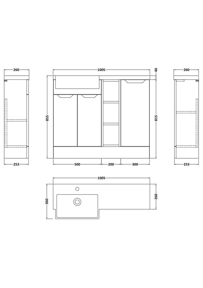 image 1 of Balterley Teddesley Floor Standing Compact 3 Door Combination Vanity Basin Unit with Open Shelves and Basin, 1000mm, Left Hand, Dark Grey